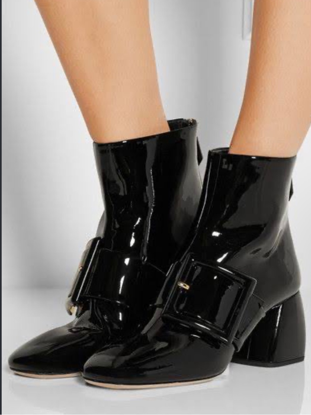 MIU MIU Black Patent Leather Square Toe Booties Buckle Mod 60s EU 41/US 9.5-10
